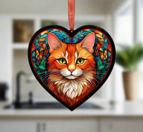 Ginger Cat Stained Glass Effect Heart Suncatcher